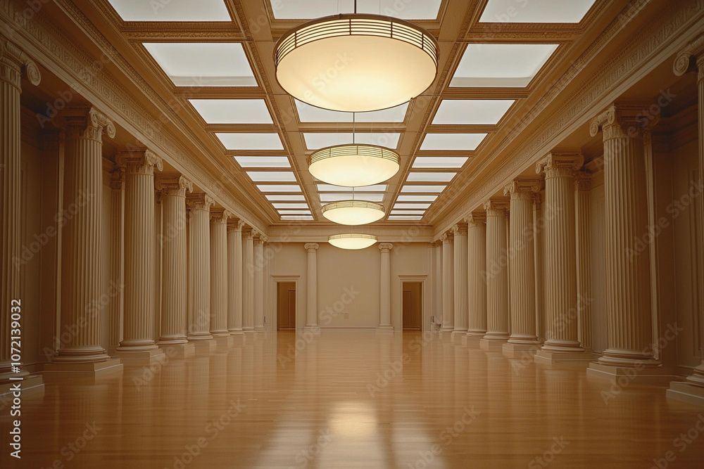 Naklejka premium Elegant hall with columns and modern lighting in a historic building
