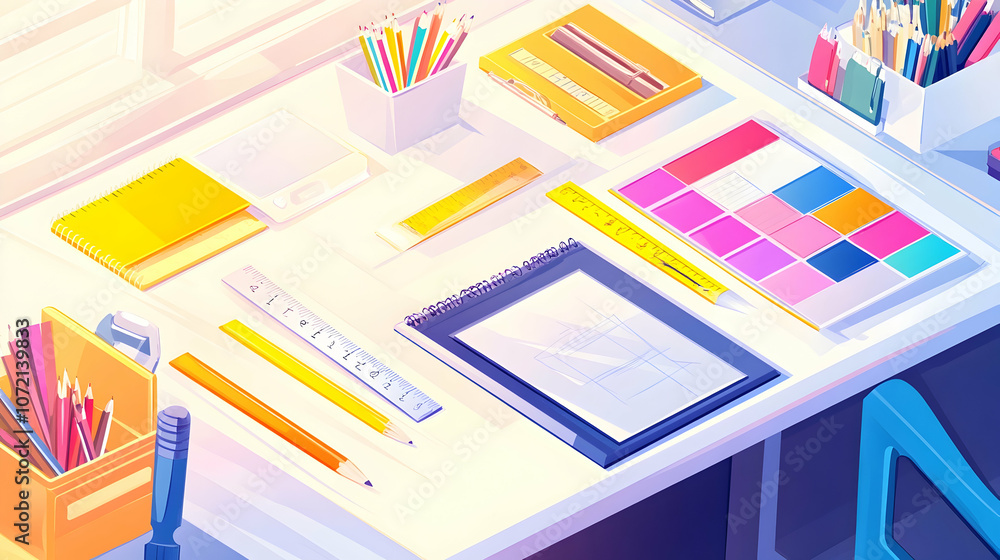 A white desk with various drawing and office supplies, including colored pencils, a ruler, a notepad, a tablet and more. A white desk with various drawing and office supplies, including colored pencils, a ruler, a notepad, a tablet and more.