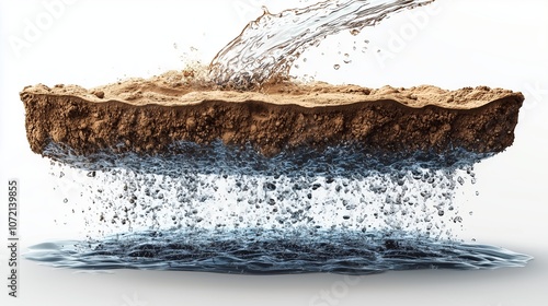 Water pours from a large hose onto dry farmland, soaking the soil and revealing layers of dry and wet earth, isolated on a white background photo