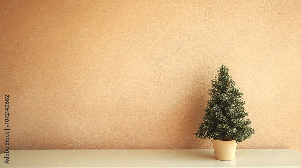 A small green Christmas tree on a white table against a beige wall, a minimalistic concept in photography. A small green Christmas tree on a white table against a beige wall, a minimalistic concept in photography.