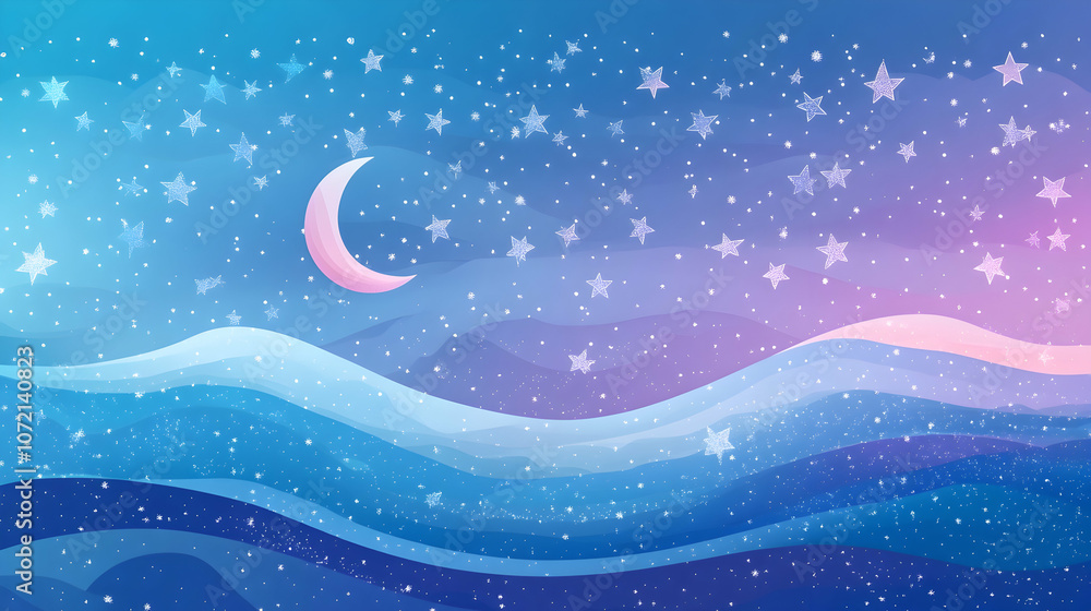 Fototapeta premium Abstract night sky with a crescent moon and stars over a wavy landscape.