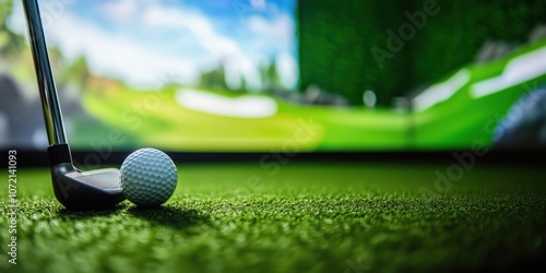 Golf club, ball on artificial turf, virtual golf course background