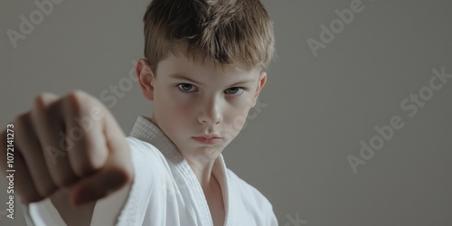 Karate kid demonstrating punch, focused expression, wearing white gi photo