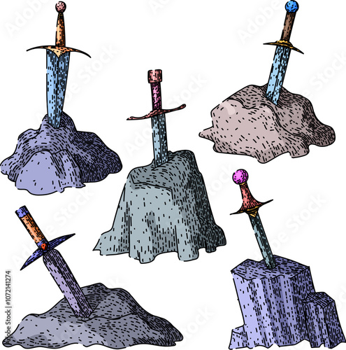 sword stone set hand drawn. merlin camelot, magic knights, destiny prophecy sword stone vector sketch. isolated color illustration