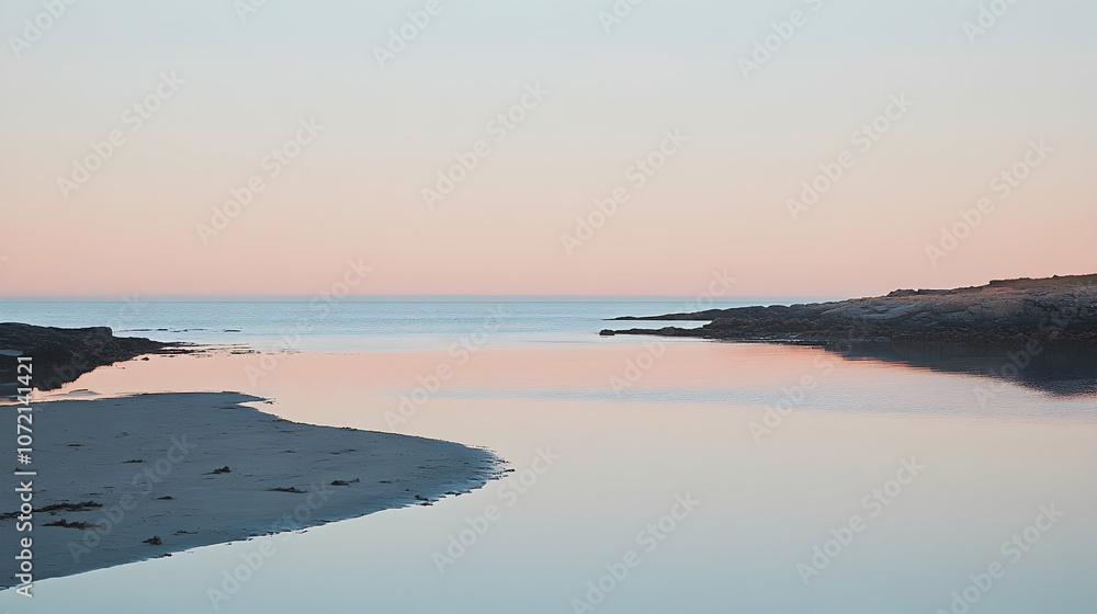 Obraz premium Calm water inlet at sunrise with pink sky reflection.
