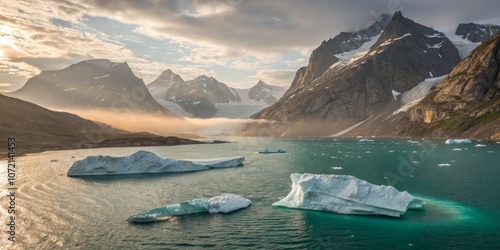 Serene Surrealistic Iceberg Trio Floating in Turquoise Waters of Greenland's Aasiaat Region photo