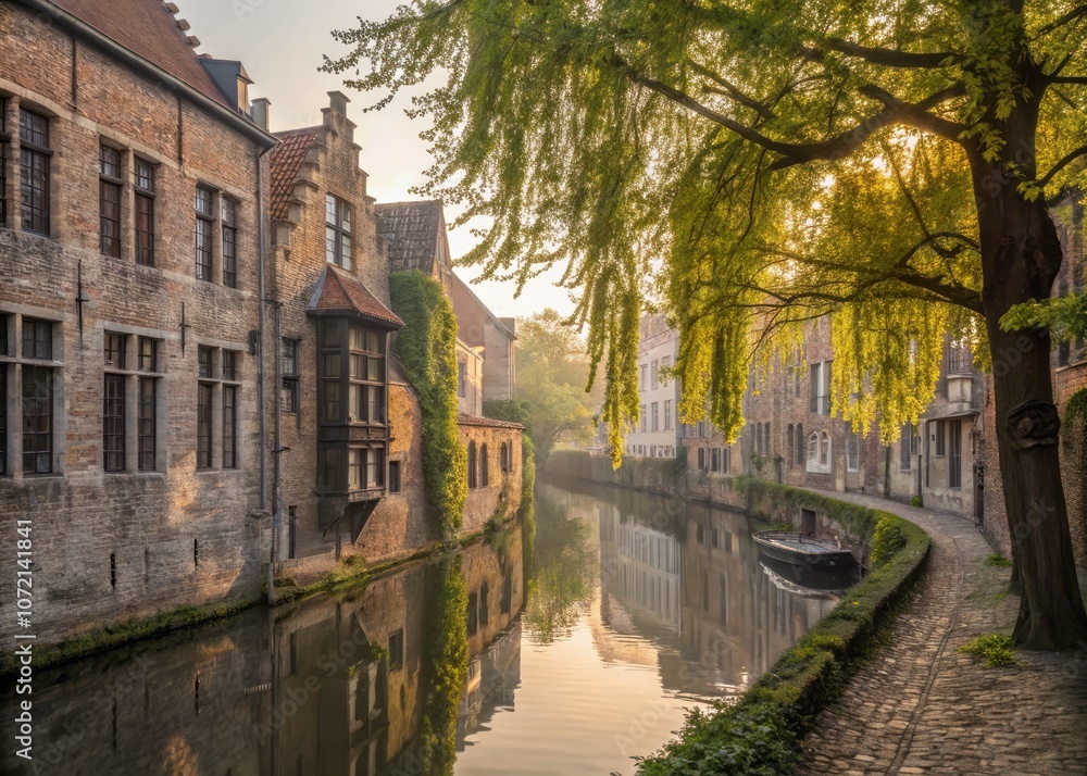Obraz premium Soft Morning Light on Ghent Canal, Impressionist Reflection in Water, Golden Hour Serenity Scene