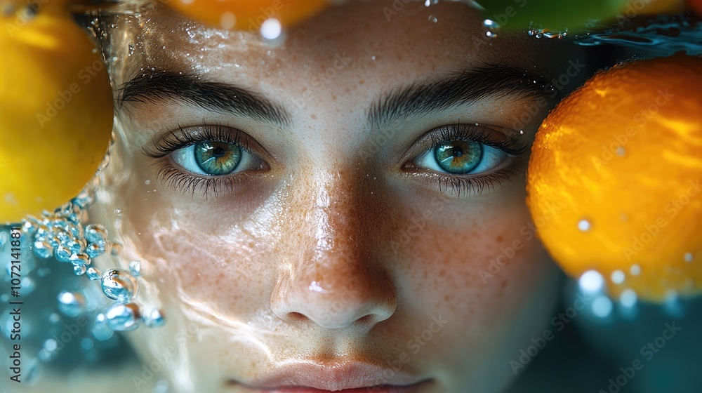 Close-up portrait of a woman with freckles, blue eyes, and oranges, underwater, with bubbles. Close-up portrait of a woman with freckles, blue eyes, and oranges, underwater, with bubbles.
