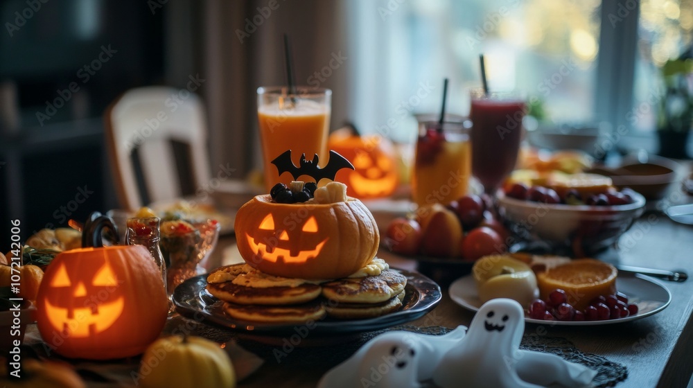 Naklejka premium Halloween Breakfast with Pumpkin Pancakes.