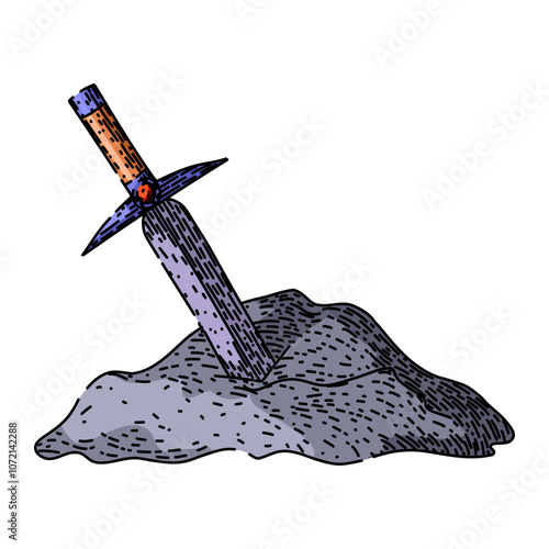 merlin sword stone hand drawn. camelot magic, knights destiny, prophecy britain merlin sword stone vector sketch. isolated color illustration