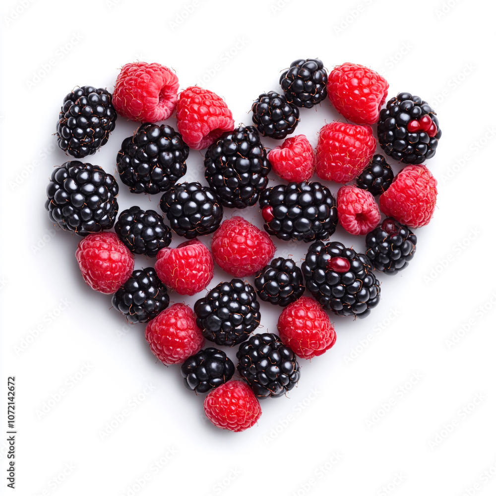 A heart shape made of blackberries and raspberries on a white background. A heart shape made of blackberries and raspberries on a white background.
