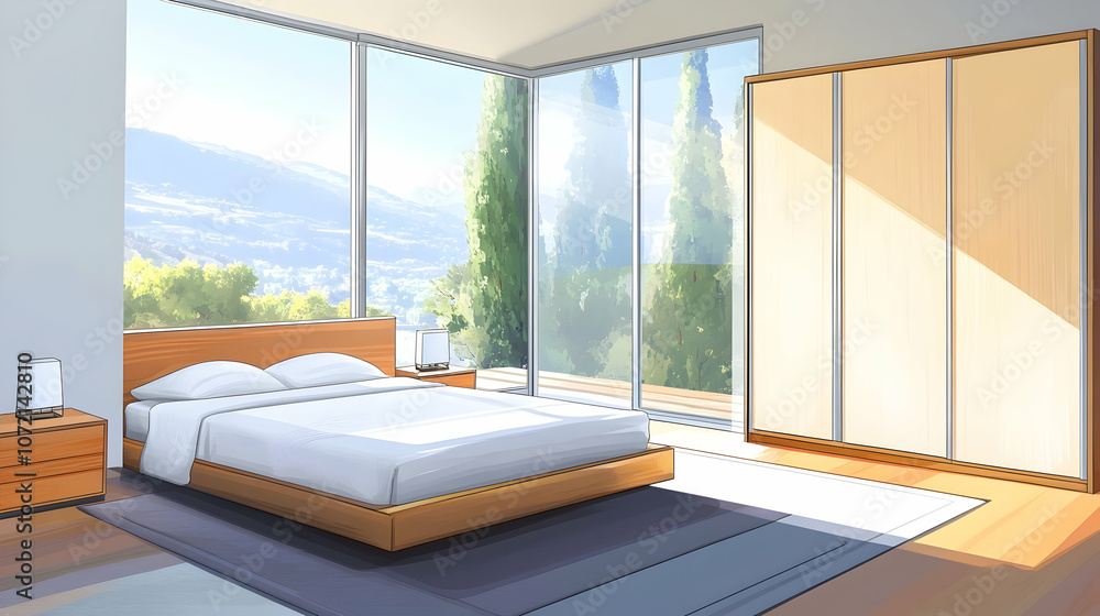 Fototapeta premium Modern bedroom with large windows overlooking a mountain view and a wooden floor.
