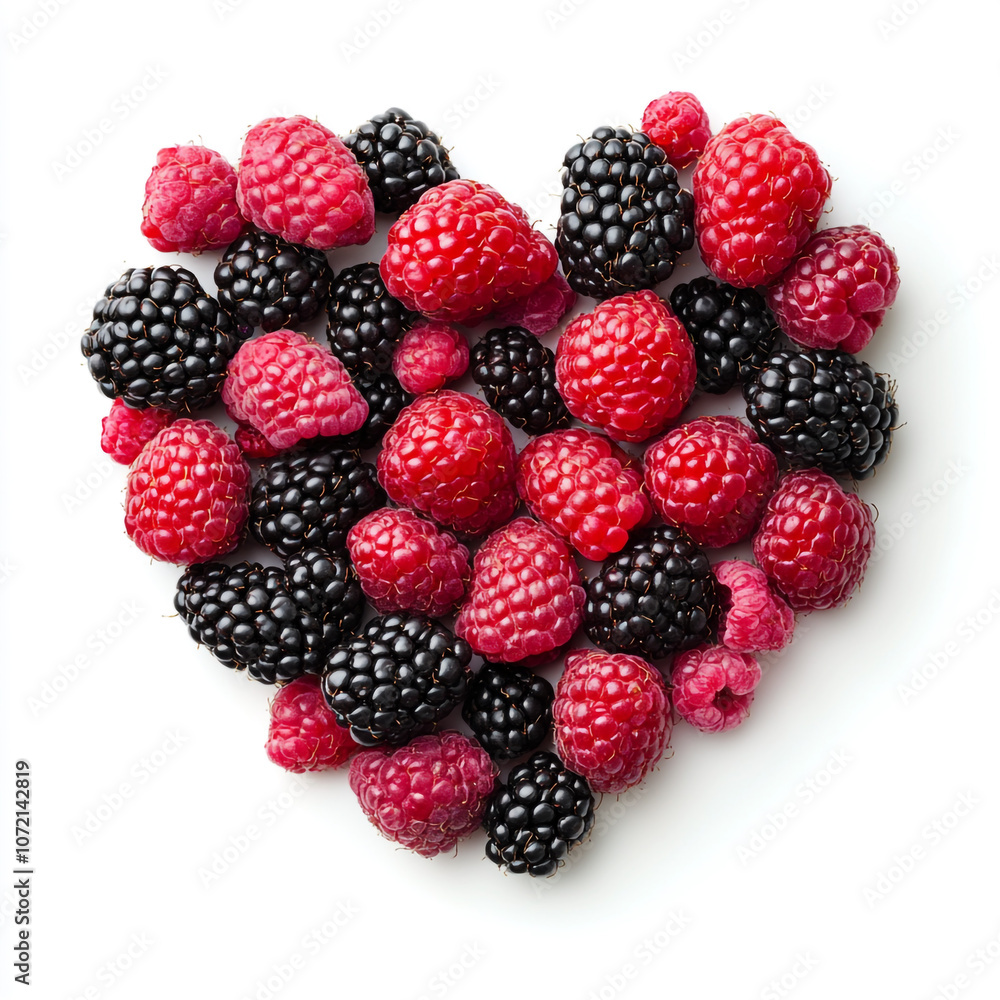 A heart shape made of blackberries and raspberries on a white background. A heart shape made of blackberries and raspberries on a white background.