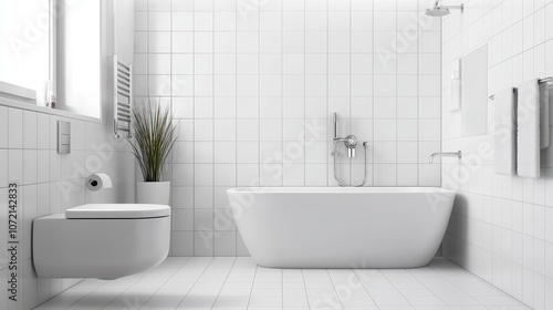 A modern, minimalist bathroom featuring a bathtub, toilet, and green plant, all set against a clean, white tiled backdrop.