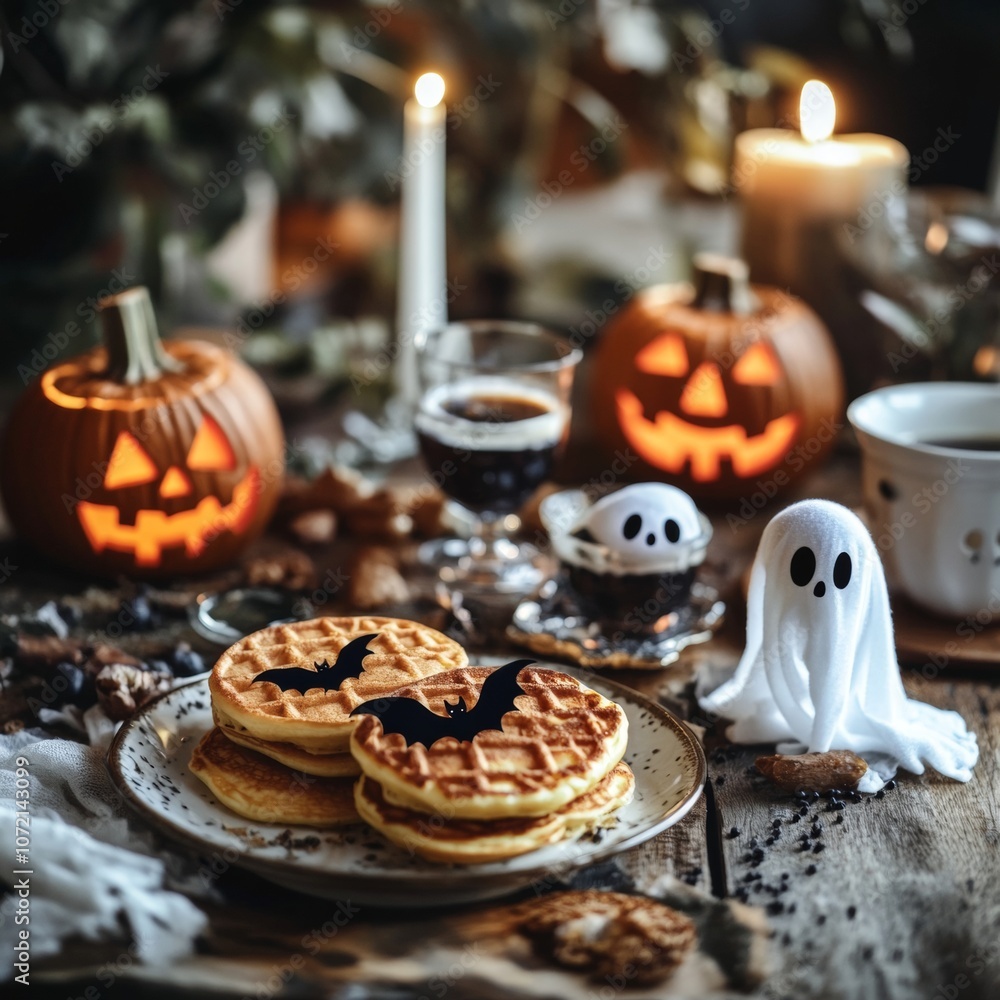 Halloween Waffles with Ghost and Jack-o-Lanterns. Halloween Waffles with Ghost and Jack-o-Lanterns.