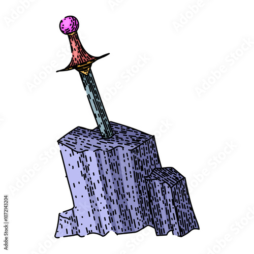 arthur sword stone hand drawn. legend myth, merlin camelot, magic knights arthur sword stone vector sketch. isolated color illustration