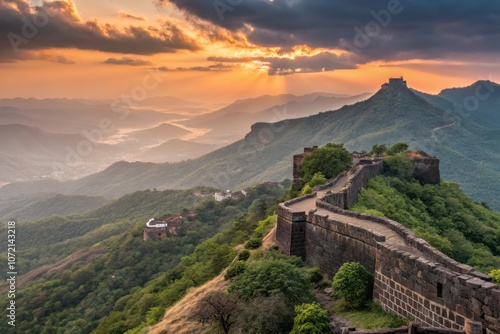 Vibrant Colorful Sunset Over Majestic Sinhagad Fort and Dramatic Hills in Pune, India