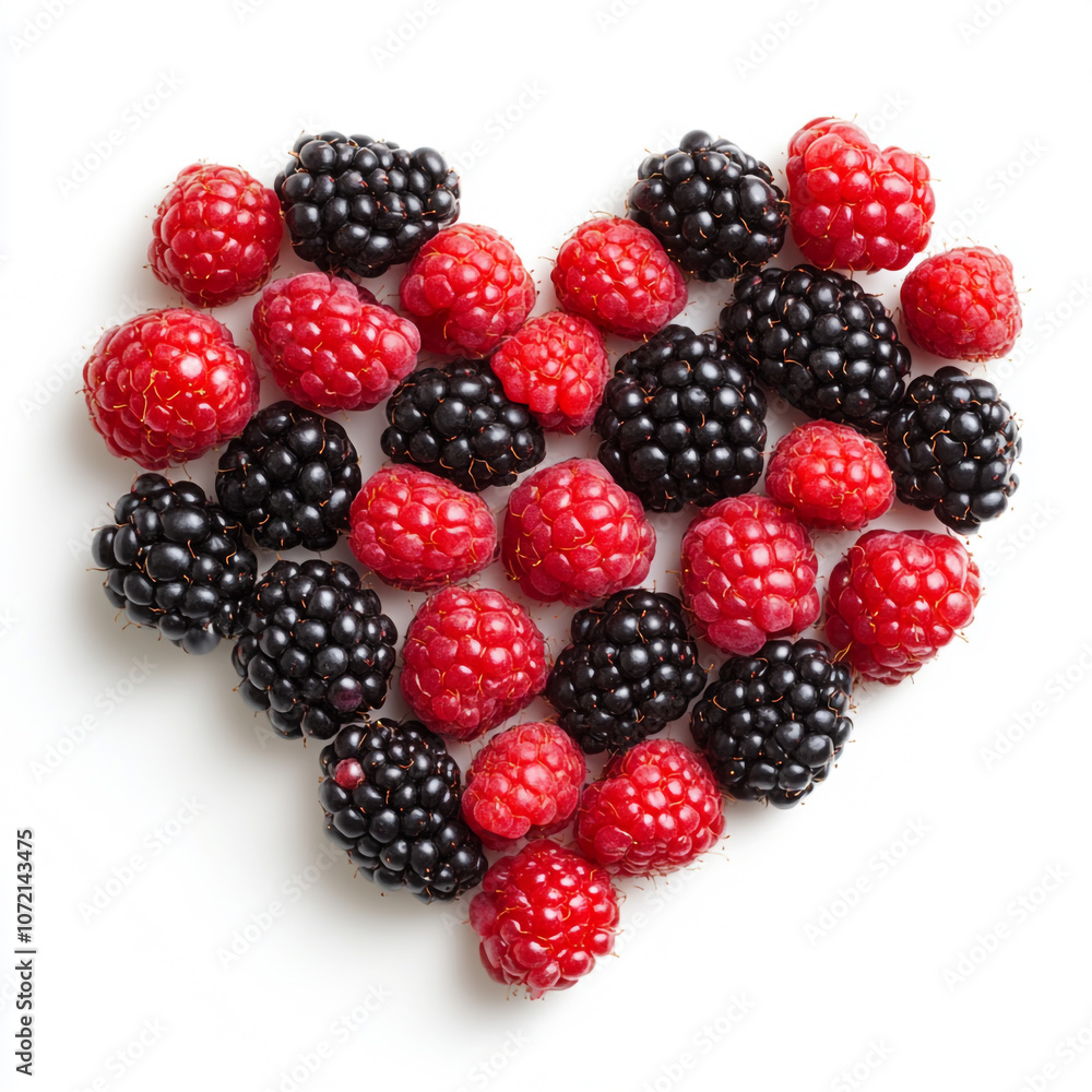 A heart shape made of blackberries and raspberries on a white background. A heart shape made of blackberries and raspberries on a white background.