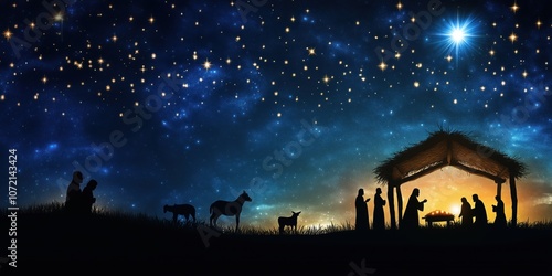 Nativity scene with silhouettes of Mary, Joseph, baby Jesus, animals, stars