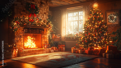 Wallpaper Mural Cozy Christmas Living Room with Decorated Tree and Fireplace Warmth Torontodigital.ca