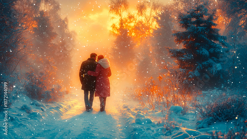 Romantic Winter Walk with Couple Embracing Amidst Snowfall