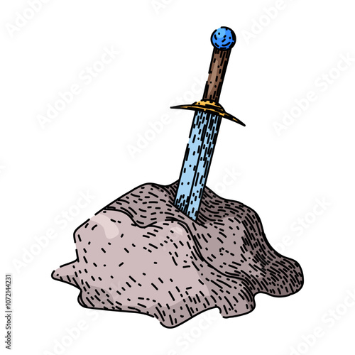 legend sword stone hand drawn. myth merlin, camelot magic, knights destiny legend sword stone vector sketch. isolated color illustration