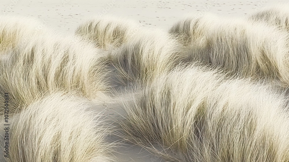 Fototapeta premium A serene landscape featuring soft, wavy grass dunes on a sandy beach.