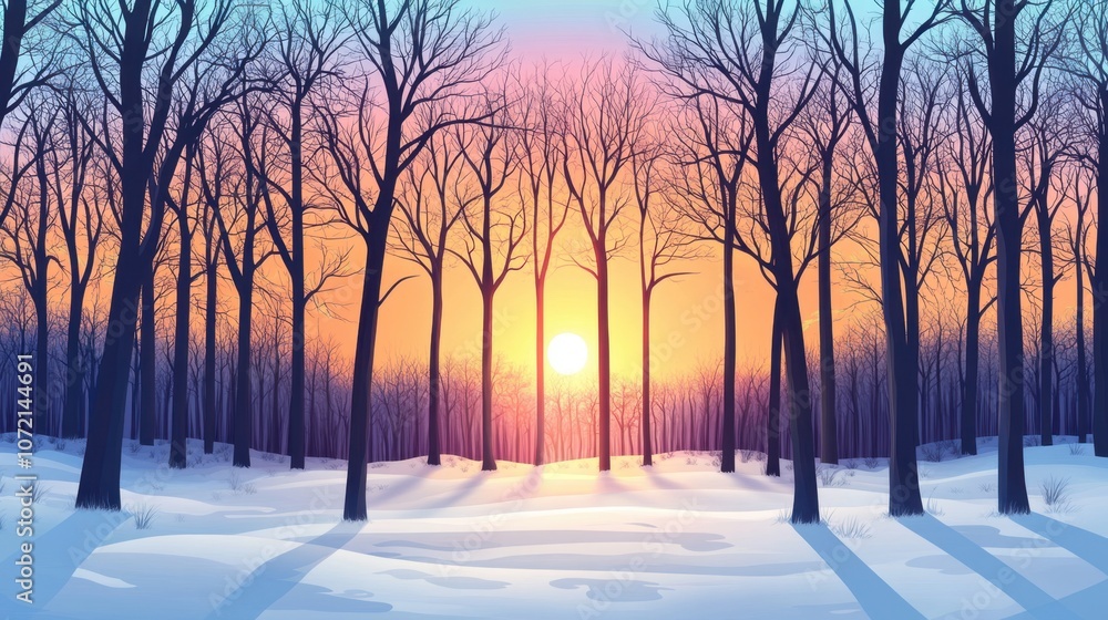 Serene Winter Landscape with Leafless Trees at Sunset, Soft Colors of Nature Creating a Peaceful and Calm Atmosphere in a Snowy Forest Serene Winter Landscape with Leafless Trees at Sunset, Soft Colors of Nature Creating a Peaceful and Calm Atmosphere in a Snowy Forest