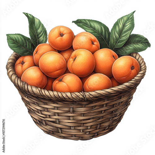 Basket of Ripe Oranges with Green Leaves, Harvested Fresh Fruitina Rustic Wicker Basket photo