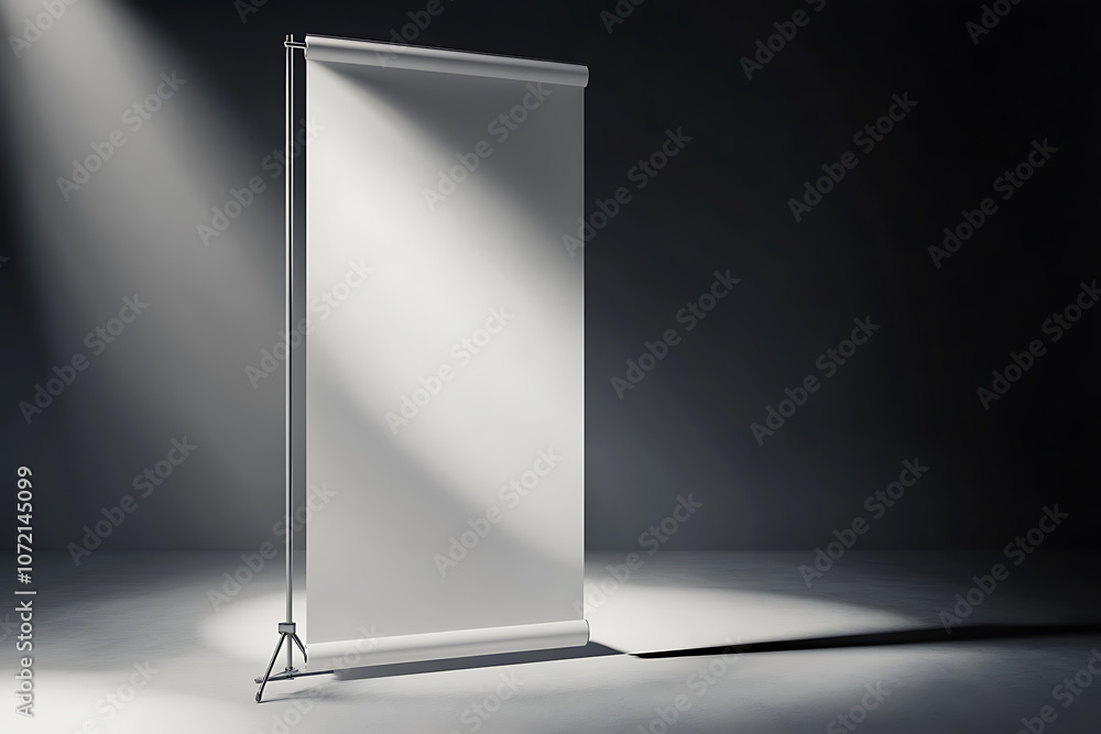 Blank roll-up banner in a minimalistic studio setting with spotlight. 3D Rendering Blank roll-up banner in a minimalistic studio setting with spotlight. 3D Rendering