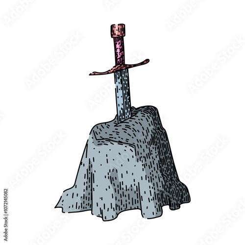 myth sword stone hand drawn. merlin camelot, magic knights, destiny prophecy myth sword stone vector sketch. isolated color illustration