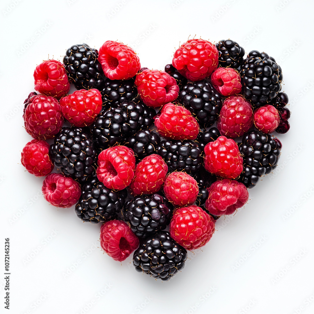 A heart shape made of blackberries and raspberries on a white background. A heart shape made of blackberries and raspberries on a white background.