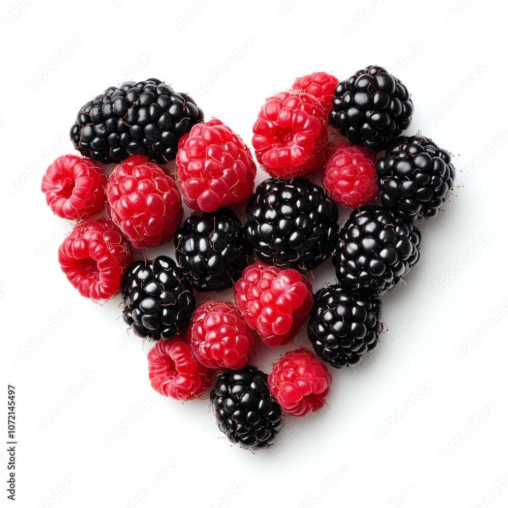 A heart shape made of blackberries and raspberries on a white background. A heart shape made of blackberries and raspberries on a white background.