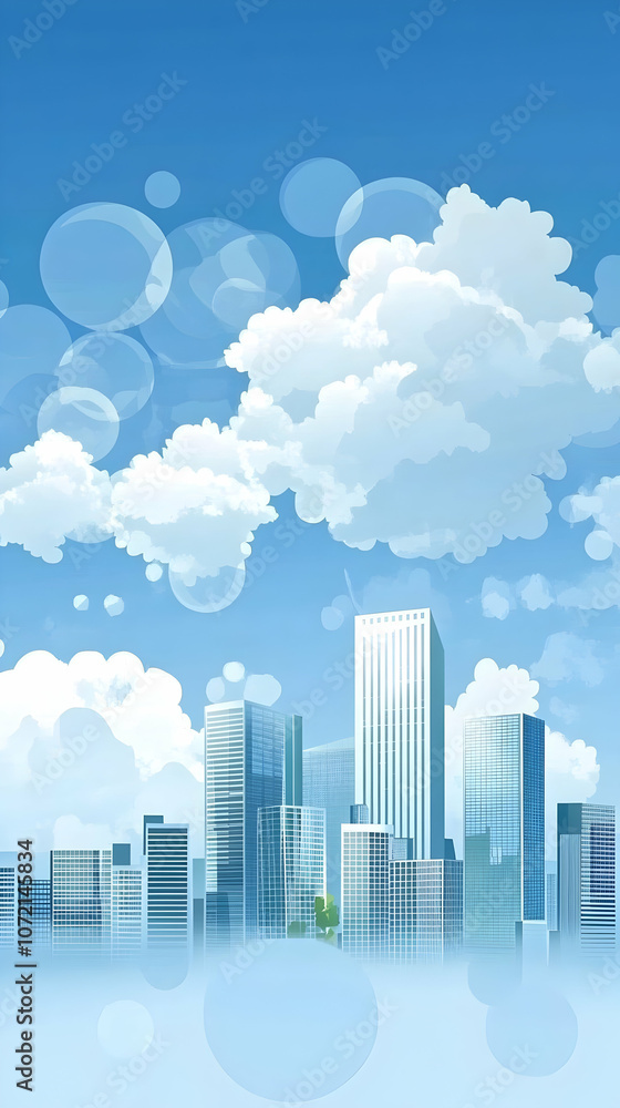 A stylized cityscape with a blue sky, puffy clouds, and scattered bubbles. A stylized cityscape with a blue sky, puffy clouds, and scattered bubbles.