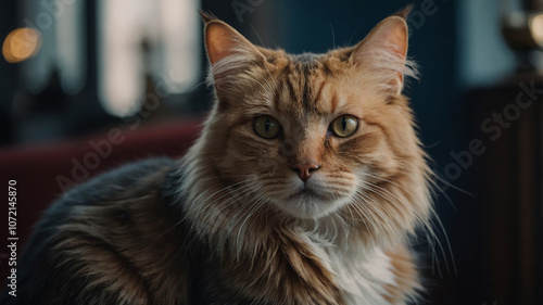 Pretty orange cat looking camera, cinematic color, professional photography