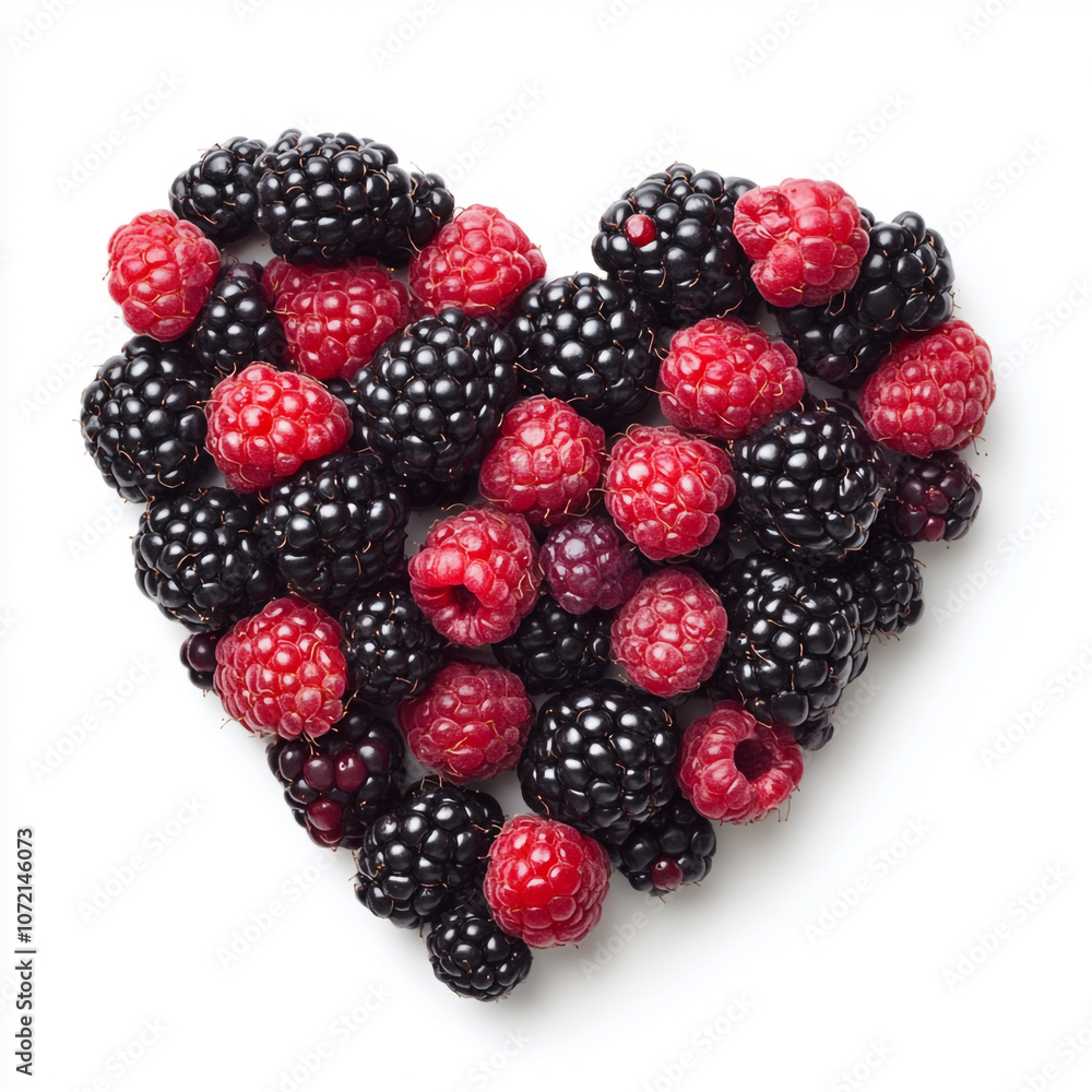 A heart shape made of blackberries and raspberries on a white background. A heart shape made of blackberries and raspberries on a white background.