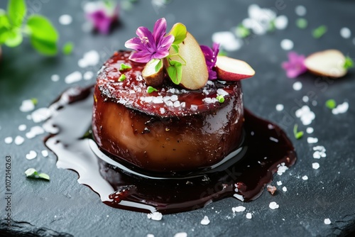 Gourmet dessert with chocolate glaze, garnished with flowers and fruits photo