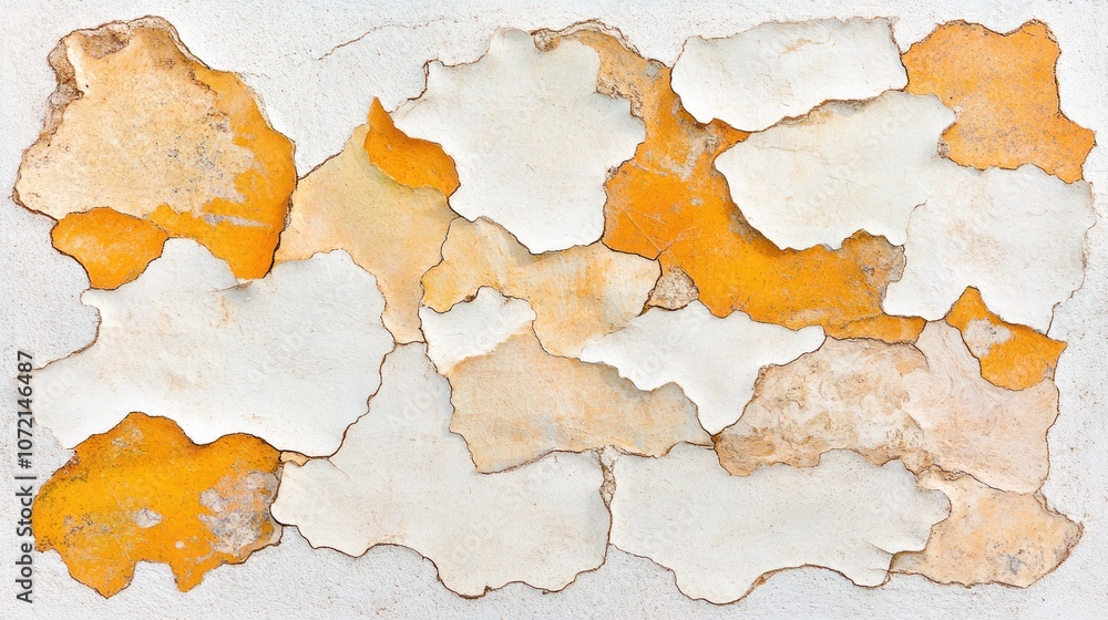 Obraz premium A textured surface with peeling paint in shades of white and orange.