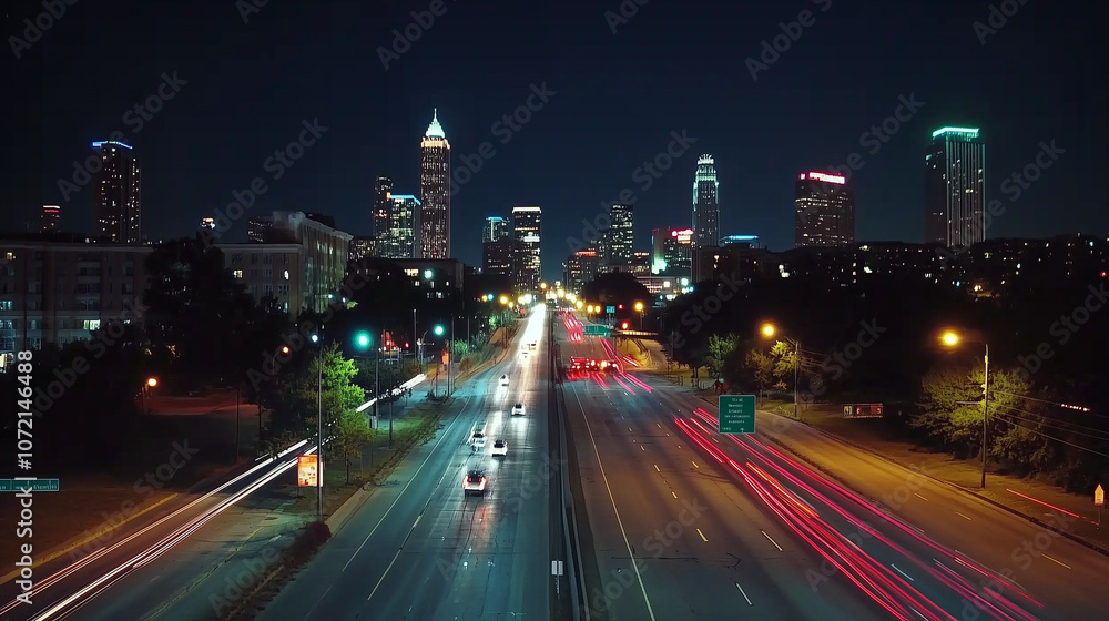 Fototapeta premium A long exposure shot of a highway leading towards a city skyline at night, with streaks of car lights.