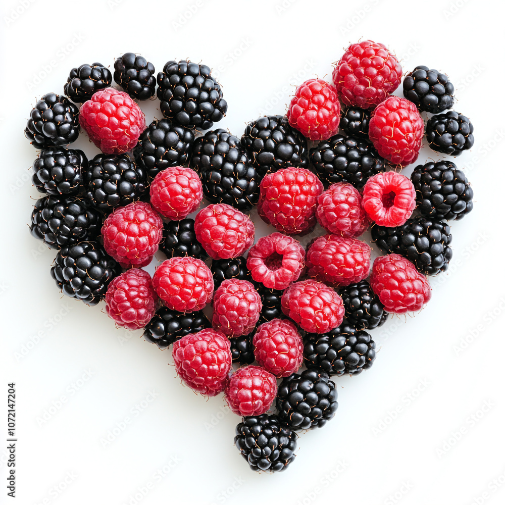 A heart shape made of blackberries and raspberries on a white background. A heart shape made of blackberries and raspberries on a white background.