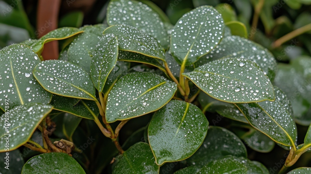 Close-up of green leaves with water droplets, showcasing nature's freshness and beauty. Close-up of green leaves with water droplets, showcasing nature's freshness and beauty.