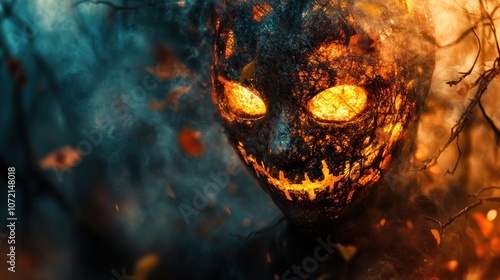 Fiery Halloween Mask in Smoke and Darkness