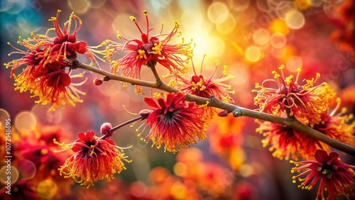 Captivating Double Exposure Photography of Beautiful Ruby Glow Hamamelis intermedia Blending with a Serene Natural Landscape for a Dreamy Aesthetic Appeal