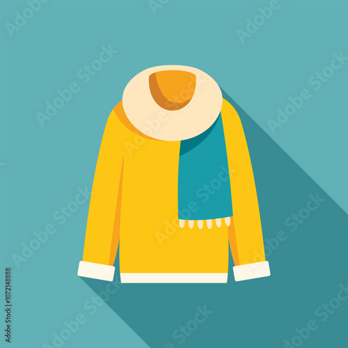 Yellow winter sweater with blue scarf and beige snood, perfect for staying warm during the cold season