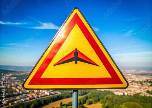 Captivating Drone Photography of a Bright Yellow and Red Triangle Warning Sign Against a Clear Sky, Highlighting Safety and Awareness in Urban Environments