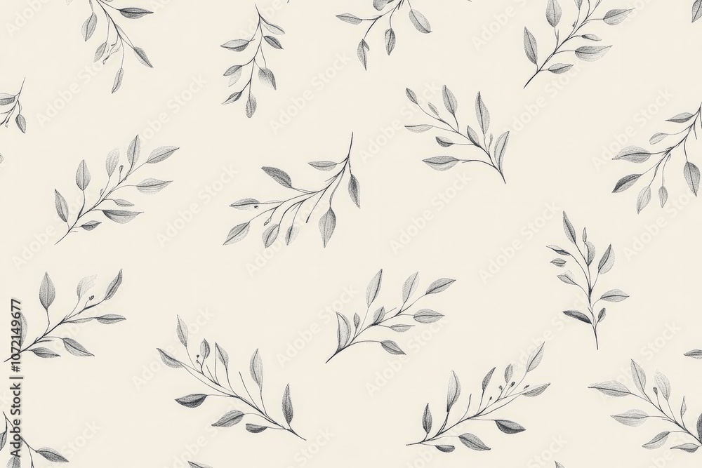 Naklejka premium A minimalist pattern featuring small, repeated line-drawn leaves and branches in a soft gray on a pastel background, evoking a natural