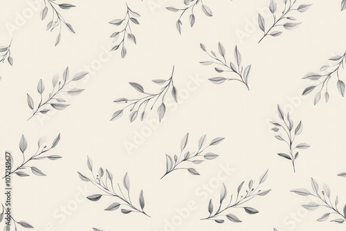 A minimalist pattern featuring small, repeated line-drawn leaves and branches in a soft gray on a pastel background, evoking a natural