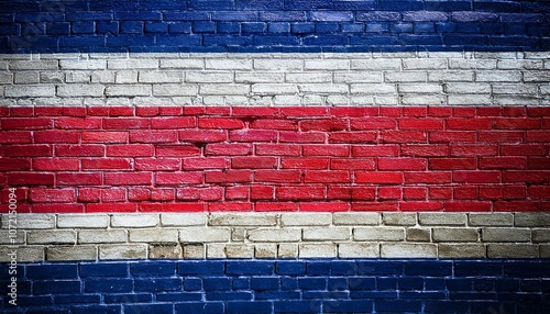 コスタリカの国旗がペイントされたレンガの壁。(Brick wall painted with the Costa Rica flag.)
 photo