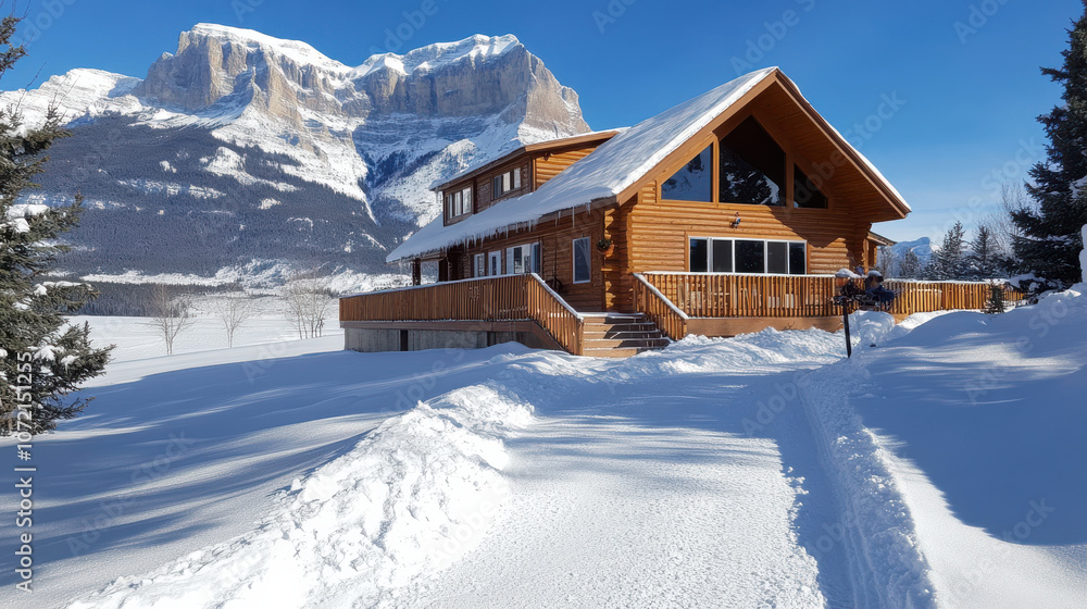 large wooden cabin surrounded by snow and mountains, creating serene winter scene large wooden cabin surrounded by snow and mountains, creating serene winter scene