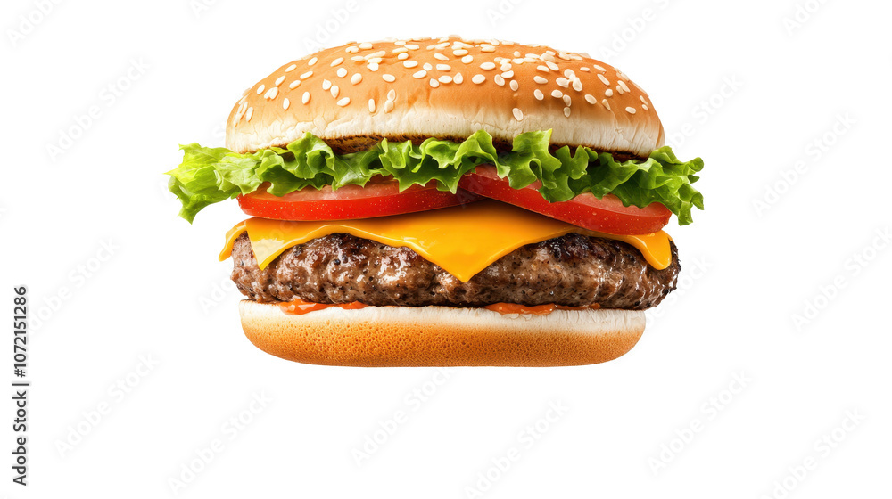 Juicy hamburger with cheese, lettuce, tomato on a sesame seed bun, isolated on white background. Juicy hamburger with cheese, lettuce, tomato on a sesame seed bun, isolated on white background.